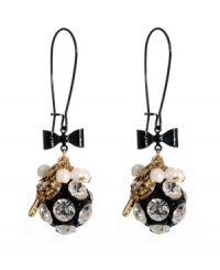 Dare to be dramatic. Bold drop earrings by Betsey Johnson combine sparkling crystal-coated fireballs, mini key and glass stone charms with black ribbon accents. Crafted in gold tone and black-plated mixed metal. Approximate drop: 2-1/2 inches. Dare to be dramatic. Bold drop earrings by Betsey Johnson combine sparkling crystal-coated fireballs, mini key and glass stone charms with black ribbon accents. Crafted in gold tone and black-plated mixed metal. Approximate drop: 2-1/2 inches.