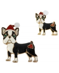 Want a puppy for Christmas? This cute bulldog in Santa hat set of brooches is sure to please. Crafted from antique gold-tone mixed metal with glass and glitter accents. Items come packaged in a signature Betsey Johnson Gift Box. Approximate length: 1-1/10 inches to 1-3/4 inches. Approximate width: 1 inch to 1-1/2 inches. Want a puppy for Christmas? This cute bulldog in Santa hat set of brooches is sure to please. Crafted from antique gold-tone mixed metal with glass and glitter accents. Items come packaged in a signature Betsey Johnson Gift Box. Approximate length: 1-1/10 inches to 1-3/4 inches. Approximate width: 1 inch to 1-1/2 inches.