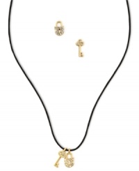 Be secure in your sense of style. This necklace and earrings set from RACHEL Rachel Roy features lock and key pieces crafted from gold-tone mixed metal. A black wax cotton cord makes a bold statement. Approximate length (necklace): 15 inches. Approximate drop (necklace): 1/4 inch. Approximate diameter (earrings): 1/4 inch. Be secure in your sense of style. This necklace and earrings set from RACHEL Rachel Roy features lock and key pieces crafted from gold-tone mixed metal. A black wax cotton cord makes a bold statement. Approximate length (necklace): 15 inches. Approximate drop (necklace): 1/4 inch. Approximate diameter (earrings): 1/4 inch.