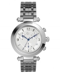 Elegance combines with luxury in this mid-size chronograph watch by Gc Swiss Made Timepieces. Stainless steel bracelet and round case. Textured guilloche silvertone dial with logo, date window, three subdials, stick indices and numerals. Swiss quartz movement. Water resistant to 100 meters. Ten-year limited warranty. Luxury Gc gift box packaging included. Elegance combines with luxury in this mid-size chronograph watch by Gc Swiss Made Timepieces. Stainless steel bracelet and round case. Textured guilloche silvertone dial with logo, date window, three subdials, stick indices and numerals. Swiss quartz movement. Water resistant to 100 meters. Ten-year limited warranty. Luxury Gc gift box packaging included.