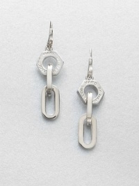 A logo accented nut and narrow, chain links in a chic drop design. Rhodium-plated brassDrop, about 1.9Hook backImported A logo accented nut and narrow, chain links in a chic drop design. Rhodium-plated brassDrop, about 1.9Hook backImported