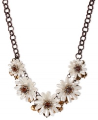 Beauty is in bloom. This frontal necklace from Betsey Johnson is crafted from brown gold-tone mixed metal with topaz-colored beads and crystals, as well as pearl-tone petals, adding a vibrant touch. Approximate length: 16 inches + 3-inch extender. Approximate drop: 1-1/4 inches. Beauty is in bloom. This frontal necklace from Betsey Johnson is crafted from brown gold-tone mixed metal with topaz-colored beads and crystals, as well as pearl-tone petals, adding a vibrant touch. Approximate length: 16 inches + 3-inch extender. Approximate drop: 1-1/4 inches.