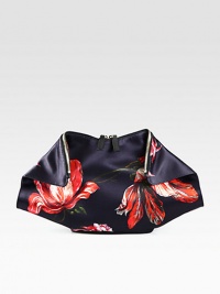 Beautiful, floral printed satin design with leather trim and convertible snap-down sides.Top zip closureOne inside zip pocketCotton lining15½W X 9H X 2DMade in Italy Beautiful, floral printed satin design with leather trim and convertible snap-down sides.Top zip closureOne inside zip pocketCotton lining15½W X 9H X 2DMade in Italy