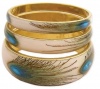 ZAD Beautiful Set of 3 Peacock Feather Print Bangle Bracelet Set Gold Tone