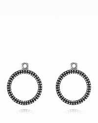 Sterling silver hoop charms studded with black crystal stones make for a sparkling addition to your PANDORA earring collection. Compatible with both french wire and hoop styles. Sterling silver hoop charms studded with black crystal stones make for a sparkling addition to your PANDORA earring collection. Compatible with both french wire and hoop styles.