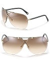 Chic metal shield sunglasses with intricate metal details all over, a perfect style for lounging poolside.