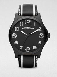 A bold style in blackened stainless steel and supple leather. Quartz movementWater resistant to 5 ATMRound blackened stainless steel case, 43mm (1.7)Logo accented bezelBlack dialNumeric hour markersSecond hand Printed black leather strapImported A bold style in blackened stainless steel and supple leather. Quartz movementWater resistant to 5 ATMRound blackened stainless steel case, 43mm (1.7)Logo accented bezelBlack dialNumeric hour markersSecond hand Printed black leather strapImported