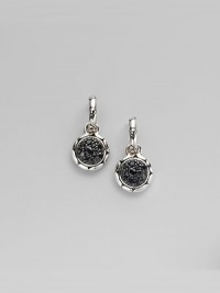 Delicate carved drops are inset with sparkling rounds of pavé black sapphires. Sterling silver settings Post backings Made in Bali Delicate carved drops are inset with sparkling rounds of pavé black sapphires. Sterling silver settings Post backings Made in Bali