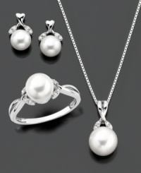 A gorgeous jewelry set, stunning in its simplicity. Featuring round-cut diamond (1/8 ct. t.w.) and cultured freshwater pearl (5.5-8 mm) set in sterling silver. Pendant measures approximately 18 inches with a 1/2-inch drop. Earrings measure approximately 1/4-inch. Ring size 7.
