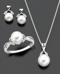 A gorgeous jewelry set, stunning in its simplicity. Featuring round-cut diamond (1/8 ct. t.w.) and cultured freshwater pearl (5.5-8 mm) set in sterling silver. Pendant measures approximately 18 inches with a 1/2-inch drop. Earrings measure approximately 1/4-inch. Ring size 7. A gorgeous jewelry set, stunning in its simplicity. Featuring round-cut diamond (1/8 ct. t.w.) and cultured freshwater pearl (5.5-8 mm) set in sterling silver. Pendant measures approximately 18 inches with a 1/2-inch drop. Earrings measure approximately 1/4-inch. Ring size 7.