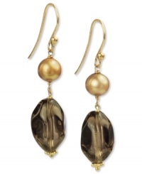 Earthy elements combine for a bohemian vibe. These pretty earrings feature bronze-colored cultured freshwater pearls (7-1/2-8 mm) and smokey quartz (18 ct. t.w.). Set in 18k gold over sterling silver. Approximate drop: 1-1/4 inches. Earthy elements combine for a bohemian vibe. These pretty earrings feature bronze-colored cultured freshwater pearls (7-1/2-8 mm) and smokey quartz (18 ct. t.w.). Set in 18k gold over sterling silver. Approximate drop: 1-1/4 inches.