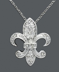 Fit for a Francophile, this Fleur De Lis pendant is both iconic and glamorous. Pendant features a Fleur De Lis symbol covered in glittering diamonds (1/10 ct. t.w.) set in sterling silver. Approximate length: 18 inches. Approximate drop: 3/4 inch. Fit for a Francophile, this Fleur De Lis pendant is both iconic and glamorous. Pendant features a Fleur De Lis symbol covered in glittering diamonds (1/10 ct. t.w.) set in sterling silver. Approximate length: 18 inches. Approximate drop: 3/4 inch.