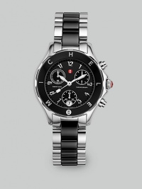 From the Tahitian Collection. A timely style choice for the wrist crafted in a sleek design of stainless steel and black ceramic, Swiss-made for perfection. Swiss quartz chronograph movement Water-resistant to 5 ATM Black enamel bezel Stainless steel case; 35mm (1.38) K1 mineral crystal round face Three chronograph sub dials Date display at 6 o'clock Second hand Ceramic link bracelet; 18mm wide (0.71) Imported From the Tahitian Collection. A timely style choice for the wrist crafted in a sleek design of stainless steel and black ceramic, Swiss-made for perfection. Swiss quartz chronograph movement Water-resistant to 5 ATM Black enamel bezel Stainless steel case; 35mm (1.38) K1 mineral crystal round face Three chronograph sub dials Date display at 6 o'clock Second hand Ceramic link bracelet; 18mm wide (0.71) Imported