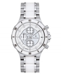 Diamond accents and white ceramic add icy touches to this ultra-contemporary Bulova watch. Stainless steel bracelet with center links of white ceramic and round stainless steel case. White ceramic bezel etched with black numerals holds slightly-domed mineral crystal. White chronograph dial with textured inner dial features eight diamond accents at markers, three subdials, luminous hands and logo at three o'clock. Quartz movement. Water resistant to 30 meters. Three-year limited warranty. Diamond accents and white ceramic add icy touches to this ultra-contemporary Bulova watch. Stainless steel bracelet with center links of white ceramic and round stainless steel case. White ceramic bezel etched with black numerals holds slightly-domed mineral crystal. White chronograph dial with textured inner dial features eight diamond accents at markers, three subdials, luminous hands and logo at three o'clock. Quartz movement. Water resistant to 30 meters. Three-year limited warranty.