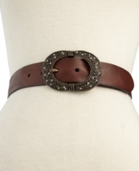 Find your inner flower power with this vintage-inspired beauty from Fossil. Rich leather is accented with a rhinestone embellished floral buckle that adds a bit of bling to your everyday outfitting. Find your inner flower power with this vintage-inspired beauty from Fossil. Rich leather is accented with a rhinestone embellished floral buckle that adds a bit of bling to your everyday outfitting.