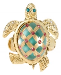 Break out of your shell! Betsey Johnson's glitzy stretch ring features a green-colored pink and green crystal-accented turtle. Crafted in antique gold tone mixed metal. Ring stretches to fit finger. Break out of your shell! Betsey Johnson's glitzy stretch ring features a green-colored pink and green crystal-accented turtle. Crafted in antique gold tone mixed metal. Ring stretches to fit finger.