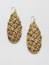 From the Elements Siyabona Collection. Faceted and smooth pyrite set in a stunning woven goldtone teardrop shape. Goldtone PyriteDrop, about 2.7514k gold filled French wire backMade in USA From the Elements Siyabona Collection. Faceted and smooth pyrite set in a stunning woven goldtone teardrop shape. Goldtone PyriteDrop, about 2.7514k gold filled French wire backMade in USA