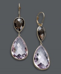 Aesthetically alluring. Turn heads in double drops of shimmer, including pear-cut pink amethyst (34-1/2 ct. t.w.) and smokey quartz (9 ct. t.w.). Set in 14k gold. Approximate drop: 2 inches. Aesthetically alluring. Turn heads in double drops of shimmer, including pear-cut pink amethyst (34-1/2 ct. t.w.) and smokey quartz (9 ct. t.w.). Set in 14k gold. Approximate drop: 2 inches.