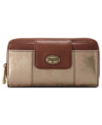 Expect the unexpected with this cool-as-can-be metallic leather clutch from Fossil that exhibits a mod-vintage aesthetic. The exquisitely organized interiors is aligned with plenty of slots and compartments to keep your essentials safe--simply slip under your arm and go. Expect the unexpected with this cool-as-can-be metallic leather clutch from Fossil that exhibits a mod-vintage aesthetic. The exquisitely organized interiors is aligned with plenty of slots and compartments to keep your essentials safe--simply slip under your arm and go.