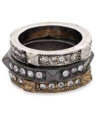 Good things come in threes. This layered ring from Bar III is crafted from gold-tone, silver-tone and hematite-tone mixed metal with glass crystal accents and studs adding a bit of an edge. Size 7. Good things come in threes. This layered ring from Bar III is crafted from gold-tone, silver-tone and hematite-tone mixed metal with glass crystal accents and studs adding a bit of an edge. Size 7.