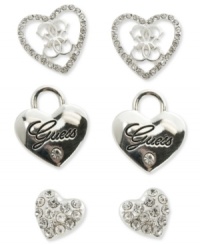 Match any outfit with a lovely design. This set of 3 stud earrings from GUESS features heart designs with jet epoxy and shiny crystal accents. Crafted in silver tone mixed metal. Approximate diameter(s): 1/2 inch to 3/8 inch. Match any outfit with a lovely design. This set of 3 stud earrings from GUESS features heart designs with jet epoxy and shiny crystal accents. Crafted in silver tone mixed metal. Approximate diameter(s): 1/2 inch to 3/8 inch.