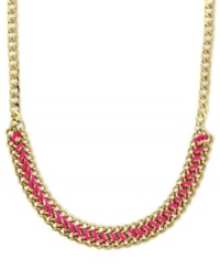 Grace your neck with colorful chic. Vince Camuto's chain necklace flaunts a bright pink cord intertwined in the links. Finished with a lobster clasp closure. Crafted in gold tone mixed metal. Approximate length: 18 inches. Grace your neck with colorful chic. Vince Camuto's chain necklace flaunts a bright pink cord intertwined in the links. Finished with a lobster clasp closure. Crafted in gold tone mixed metal. Approximate length: 18 inches.
