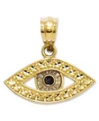 Someone's watching you! This evil eye charm will bring you good luck and protection. Crafted in 14k gold with a black enamel eye. Chain not included. Approximate length: 3/5 inch. Approximate width: 1/2 inch. Someone's watching you! This evil eye charm will bring you good luck and protection. Crafted in 14k gold with a black enamel eye. Chain not included. Approximate length: 3/5 inch. Approximate width: 1/2 inch.