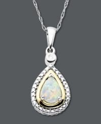 A timeless keepsake for the October birthday. This teardrop-shaped pendant features an iridescent opal (3/8 ct. t.w.), a sparkling diamond accent and a 14k gold and sterling silver setting. Approximate length: 18 inches. Approximate drop: 1 inch. A timeless keepsake for the October birthday. This teardrop-shaped pendant features an iridescent opal (3/8 ct. t.w.), a sparkling diamond accent and a 14k gold and sterling silver setting. Approximate length: 18 inches. Approximate drop: 1 inch.