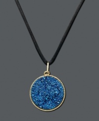 Beat the blues with this uplifting pendant. Setting and bail crafted in 14k gold, showcasing blue druzy crystals. Pendant comes on a black knotted cord. Approximate length: 20 inches. Approximate drop: 1-1/5 inches. Beat the blues with this uplifting pendant. Setting and bail crafted in 14k gold, showcasing blue druzy crystals. Pendant comes on a black knotted cord. Approximate length: 20 inches. Approximate drop: 1-1/5 inches.