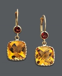 Add a touch of sparkle in warm tones. These dazzling drop earrings feature cushion-cut citrine (8-1/5 ct. t.w.) and round-cut garnet (3/4 ct. t.w.) set in 14k gold. Approximate drop: 1 inch.