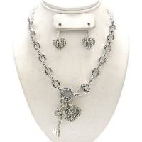 Antique Designer Pave Crystal Heart & Key Necklace & Earring Set by Jersey Bling ships in Gift Box
