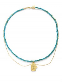 THE LOOKBeaded design with chain detailHamsah pendantTurquoise stones22k goldplated vermeil sterling silver charm accentsLobster claspTHE MEASUREMENTLength, about 16ORIGINMade in USA of imported materials THE LOOKBeaded design with chain detailHamsah pendantTurquoise stones22k goldplated vermeil sterling silver charm accentsLobster claspTHE MEASUREMENTLength, about 16ORIGINMade in USA of imported materials