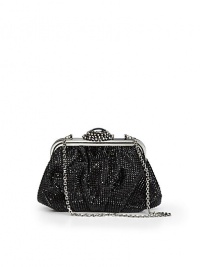 THE LOOKRemovable top chainFrame top pouch silhouetteJet black crystals alloverVintage brooch-inspired clasp closure with hematite-color and pearlescent crystalsOne inside open pocketInside logo detailTHE MEASUREMENTTop chain, 9 drop7½W X 5H X 2½DTHE MATERIALCrystalsViscose/silk liningORIGINMade in Italy THE LOOKRemovable top chainFrame top pouch silhouetteJet black crystals alloverVintage brooch-inspired clasp closure with hematite-color and pearlescent crystalsOne inside open pocketInside logo detailTHE MEASUREMENTTop chain, 9 drop7½W X 5H X 2½DTHE MATERIALCrystalsViscose/silk liningORIGINMade in Italy