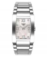 Lovely and luxurious. This Tissot watch features a stainless steel bracelet and case. Mother-of-pearl dial with logo, date window at 3 o'clock, roman numerals at 12, 6 and 9 o'clock and sparkling diamond markers. Swiss made. Quartz movement. Water resistant to 30 meters. Two-year limited warranty.
