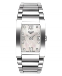 Lovely and luxurious. This Tissot watch features a stainless steel bracelet and case. Mother-of-pearl dial with logo, date window at 3 o'clock, roman numerals at 12, 6 and 9 o'clock and sparkling diamond markers. Swiss made. Quartz movement. Water resistant to 30 meters. Two-year limited warranty. Lovely and luxurious. This Tissot watch features a stainless steel bracelet and case. Mother-of-pearl dial with logo, date window at 3 o'clock, roman numerals at 12, 6 and 9 o'clock and sparkling diamond markers. Swiss made. Quartz movement. Water resistant to 30 meters. Two-year limited warranty.