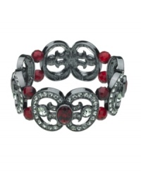 Seasonally stylish. Featuring black and faceted red crystals, T Tahari's Crystal Elegance Collection stretch bracelet will be a fashionable finishing touch for your fall wardrobe. Set in hematite tone mixed metal, it's nickel free and ideally suited for sensitive skin. The stretch design offers a comfortable, flexible fit. Approximate diameter: 2-1/4 inches. Seasonally stylish. Featuring black and faceted red crystals, T Tahari's Crystal Elegance Collection stretch bracelet will be a fashionable finishing touch for your fall wardrobe. Set in hematite tone mixed metal, it's nickel free and ideally suited for sensitive skin. The stretch design offers a comfortable, flexible fit. Approximate diameter: 2-1/4 inches.