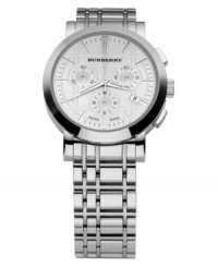 This Burberry watch features a stainless steel bracelet and round case. Etched dial with silvertone stick indices, logo, date window and three subdials. Swiss made. Quartz movement. Water resistant to 50 meters. Two-year limited warranty. This Burberry watch features a stainless steel bracelet and round case. Etched dial with silvertone stick indices, logo, date window and three subdials. Swiss made. Quartz movement. Water resistant to 50 meters. Two-year limited warranty.