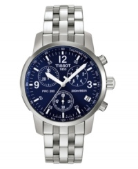 A splash of deep navy gives this sophisticated men's watch from Tissot an upbeat, sporty flair. Silvertone stainless steel bracelet and round case. Round blue dial with three subdials, date window, logo and numerical indices. Quartz movement. Water resistant to 200 meters. Two-year limited warranty. A splash of deep navy gives this sophisticated men's watch from Tissot an upbeat, sporty flair. Silvertone stainless steel bracelet and round case. Round blue dial with three subdials, date window, logo and numerical indices. Quartz movement. Water resistant to 200 meters. Two-year limited warranty.