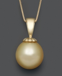 Add a ray of sunshine to your wardrobe. An exotic golden south sea pearl (10-11 mm) hangs from an intricate 14k gold setting and chain. Approximate length: 18 inches. Approximate drop: 3/4 inch. Add a ray of sunshine to your wardrobe. An exotic golden south sea pearl (10-11 mm) hangs from an intricate 14k gold setting and chain. Approximate length: 18 inches. Approximate drop: 3/4 inch.