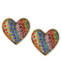 Make a colorful statement with this pair of stud earrings from Betsey Johnson. Crafted from gold-tone mixed metal, the earrings cover the full spectrum with vibrant glass crystal accents adding to the appeal. Approximate drop: 5/8 inch. Make a colorful statement with this pair of stud earrings from Betsey Johnson. Crafted from gold-tone mixed metal, the earrings cover the full spectrum with vibrant glass crystal accents adding to the appeal. Approximate drop: 5/8 inch.