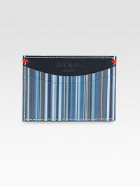 Multicolored striped pattern on luxurious leather.Two credit card slotsLeather4W X 2¾HMade in Italy Multicolored striped pattern on luxurious leather.Two credit card slotsLeather4W X 2¾HMade in Italy