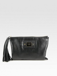 A simply chic leather style with a large tassel zipper pull.Top zip closureLogo plaqueOne inside zip pocketOne inside open pocketCotton lining10½W X 7H X ¾DImported A simply chic leather style with a large tassel zipper pull.Top zip closureLogo plaqueOne inside zip pocketOne inside open pocketCotton lining10½W X 7H X ¾DImported