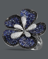 Breathe life into your look with a touch of spring. Effy Collection's stunning flower cocktail ring blends round-cut black diamonds (1-1/3 ct. t.w.), white diamond accents and sapphires (1-5/8 ct. t.w.). Set in 14k white gold. Breathe life into your look with a touch of spring. Effy Collection's stunning flower cocktail ring blends round-cut black diamonds (1-1/3 ct. t.w.), white diamond accents and sapphires (1-5/8 ct. t.w.). Set in 14k white gold.