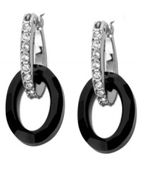 Dynamic duo! A dramatic oval-shaped double-hoop silhouette defines these strikingly stylish earrings from Swarovski. Made in silver tone mixed metal, they're embellished with dazzling clear pavé crystals. Approximate drop: 1-7/8 inches. Dynamic duo! A dramatic oval-shaped double-hoop silhouette defines these strikingly stylish earrings from Swarovski. Made in silver tone mixed metal, they're embellished with dazzling clear pavé crystals. Approximate drop: 1-7/8 inches.