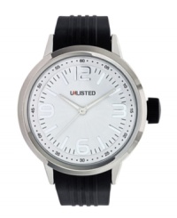 Keep it simple. Cleanly-designed watch by Unlisted crafted of black ribbed rubber strap and round silver tone mixed metal case. Silver tone dial features applied numerals at twelve, three, six and nine o'clock, stick indices, minute track, luminous hands and logo. Quartz movement. Splash resistant. Two-year limited warranty. Keep it simple. Cleanly-designed watch by Unlisted crafted of black ribbed rubber strap and round silver tone mixed metal case. Silver tone dial features applied numerals at twelve, three, six and nine o'clock, stick indices, minute track, luminous hands and logo. Quartz movement. Splash resistant. Two-year limited warranty.
