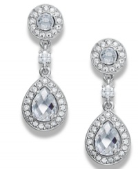 Pretty little sparkle, all in a row. Eliot Danori's elegant linear earrings feature pear and round-cut cubic zirconias (2-3/4 ct. t.w.) set in rhodium-plated mixed metal. Approximate drop: 3/4 inch. Pretty little sparkle, all in a row. Eliot Danori's elegant linear earrings feature pear and round-cut cubic zirconias (2-3/4 ct. t.w.) set in rhodium-plated mixed metal. Approximate drop: 3/4 inch.