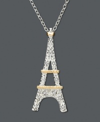 Sophisticated and chic, this Eiffel Tower pendant is Tres Magnifique! Necklace features round-cut diamond (1/10 ct. t.w.) in an 18k gold and sterling silver setting. Approximate length: 18 inches. Approximate drop: 1 inch. Sophisticated and chic, this Eiffel Tower pendant is Tres Magnifique! Necklace features round-cut diamond (1/10 ct. t.w.) in an 18k gold and sterling silver setting. Approximate length: 18 inches. Approximate drop: 1 inch.