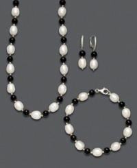 Show your true colors in contrasting style. This chic, jewelry set features a necklace, bracelet and pair of earrings that all highlight cultured freshwater pearls (7-8 mm) and bold onyx gemstones (52 ct. t.w.) in an alternating pattern. Set in sterling silver. Approximate necklace length: 18 inches. Approximate bracelet length: 7-1/2 inches. Approximate earring drop: 2 inches. Show your true colors in contrasting style. This chic, jewelry set features a necklace, bracelet and pair of earrings that all highlight cultured freshwater pearls (7-8 mm) and bold onyx gemstones (52 ct. t.w.) in an alternating pattern. Set in sterling silver. Approximate necklace length: 18 inches. Approximate bracelet length: 7-1/2 inches. Approximate earring drop: 2 inches.
