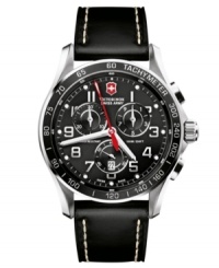Always prepared for anything, make this Classic XLS watch by Victorinox Swiss Army another weapon in your arsenal. Black leather strap with contrast stitching and round stainless steel case. Black bezel with tachymeter scale in white. Black chronograph dial features silvertone numerals, luminous dot markers, date window at six o'clock, three subdials, luminous silvertone hour and minute hands, red second hand and logo. Swiss quartz movement. Water resistant to 100 meters. Three-year limited warranty. Always prepared for anything, make this Classic XLS watch by Victorinox Swiss Army another weapon in your arsenal. Black leather strap with contrast stitching and round stainless steel case. Black bezel with tachymeter scale in white. Black chronograph dial features silvertone numerals, luminous dot markers, date window at six o'clock, three subdials, luminous silvertone hour and minute hands, red second hand and logo. Swiss quartz movement. Water resistant to 100 meters. Three-year limited warranty.