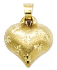 Sweet romance. This cute heart charm features a unique diamond-cut and satin surface in 14k gold. Chain not included. Approximate length: 3/5 inch. Approximate width: 2/5 inch. Sweet romance. This cute heart charm features a unique diamond-cut and satin surface in 14k gold. Chain not included. Approximate length: 3/5 inch. Approximate width: 2/5 inch.